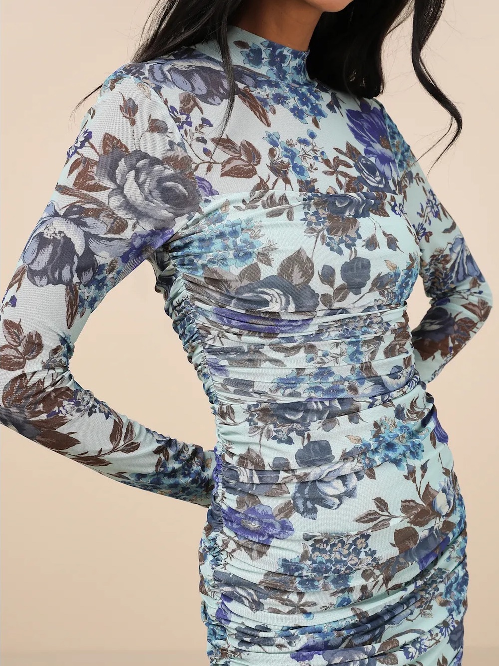 Lulu's Impressive Flirt Blue Floral Mesh Ruched Mock Neck Midi Dress - Picture 2 of 4